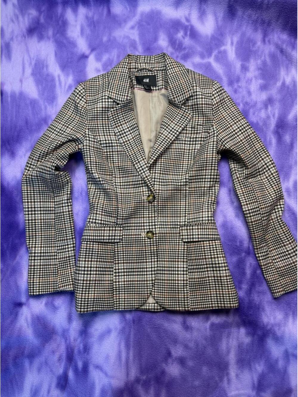 H&M beige brown black plaid blazer slim fit with elbow patches